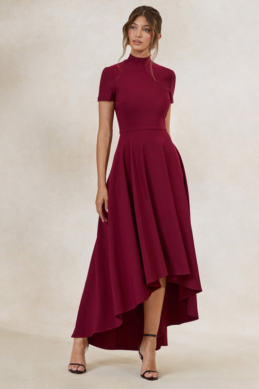 Bellona | Burgundy High-Neck High-Low Midi Dress
