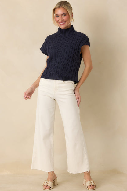 I'm Sure of It Navy Cable Knit Sleeveless Mock Neck Sweater