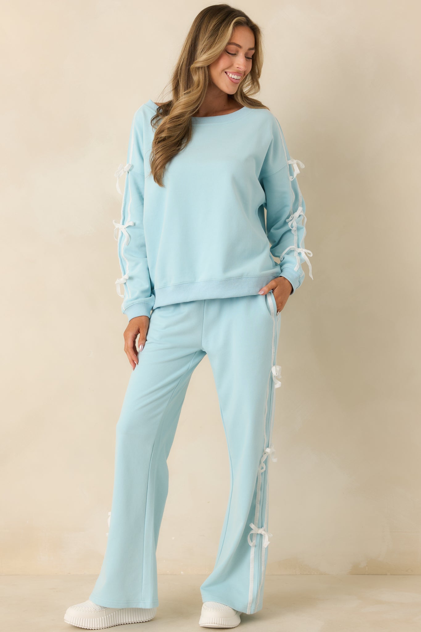 Fit To Be Tied Aqua Blue Tie Detail Wide Scoop Neck Sweatshirt