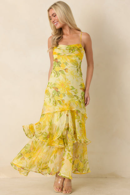 ASTR The Label Alison Yellow Floral Tiered Drop-Waist Maxi Dress