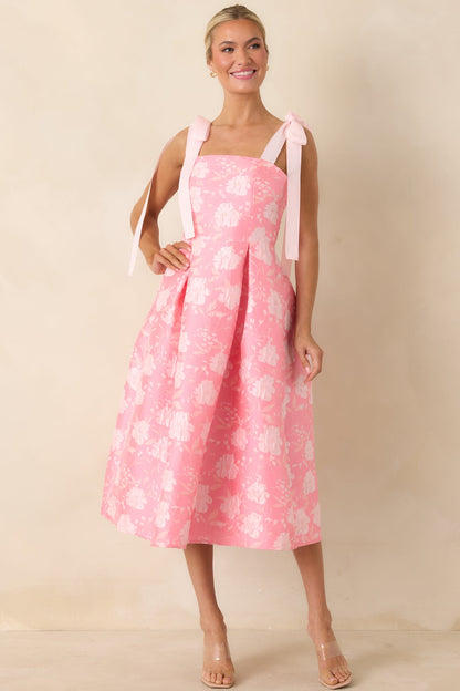 Sweet Disposition Pink Floral Jacquard Tie Strap Midi Dress