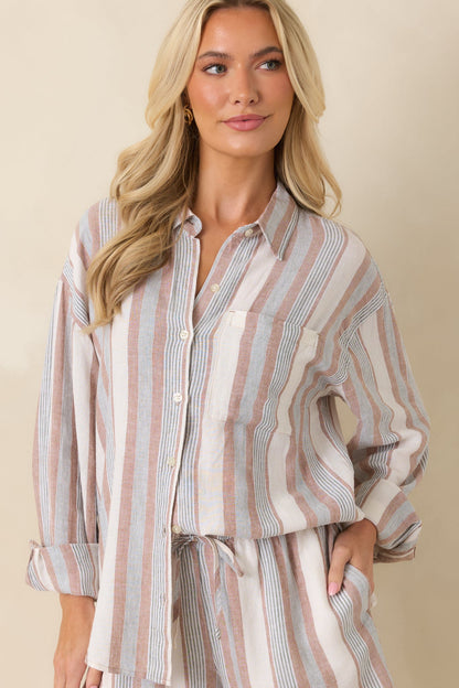 Z Supply The Perfect Beige & Green Stripe Button Up Top