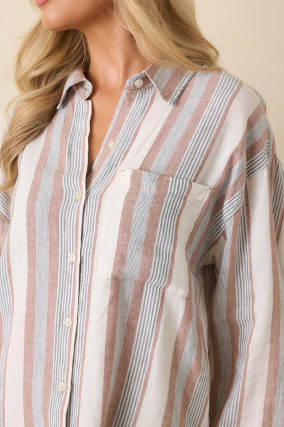 Z Supply The Perfect Beige & Green Stripe Button Up Top