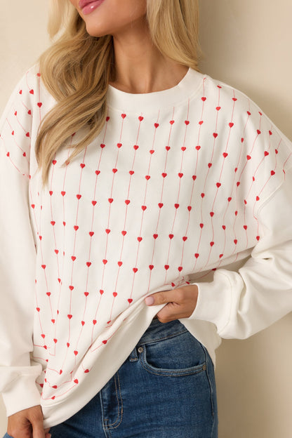 Heartstrings Attached White Cotton Embroidered Heart Crewneck Sweatshirt