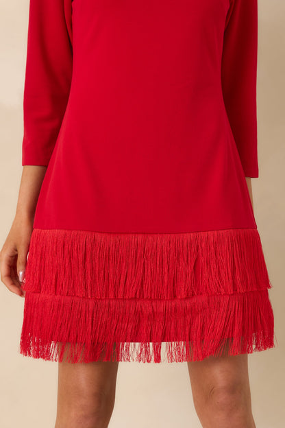 Coming In Hot Red 3/4 Sleeve Fringe Mini Dress