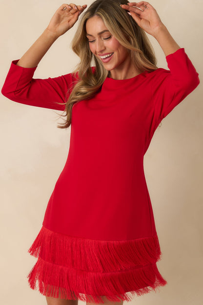 Coming In Hot Red 3/4 Sleeve Fringe Mini Dress