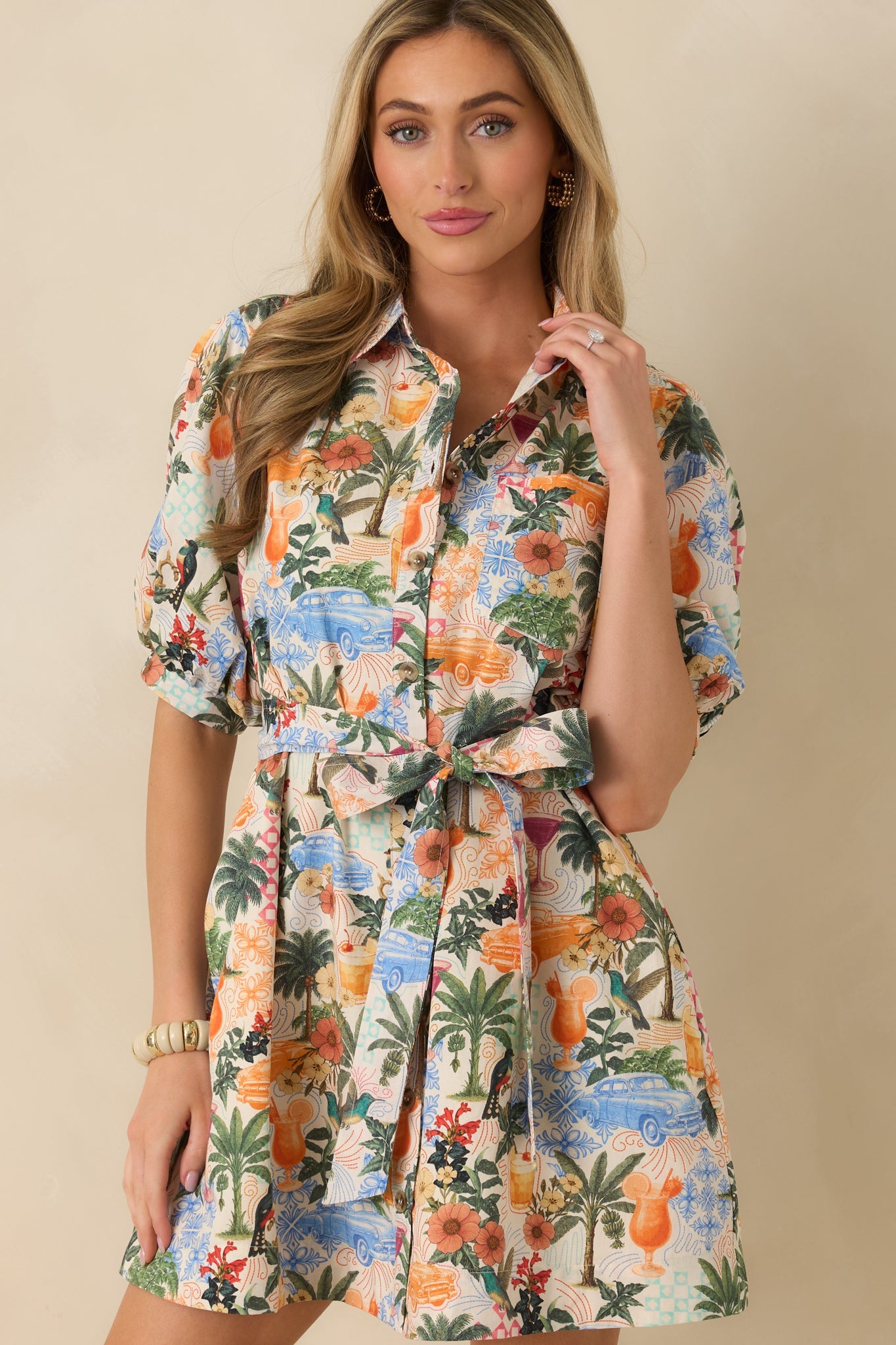 Retro Riviera Multi Tropical Print Tie-Belt Mini Shirt Dress