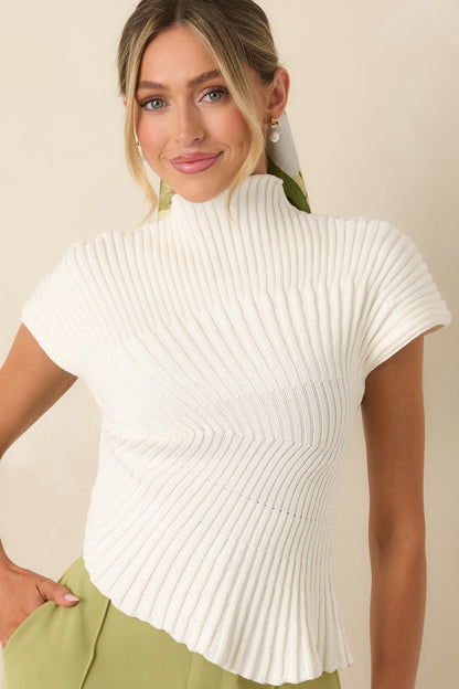 Balanced Perspective Ivory Ribbed Cotton Asymmetrical Top