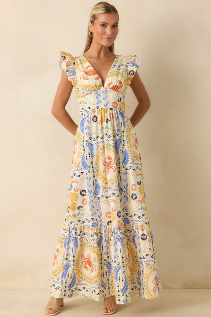 Prosperina Marjorie Multi Coastal Print V-Neck Maxi Dress