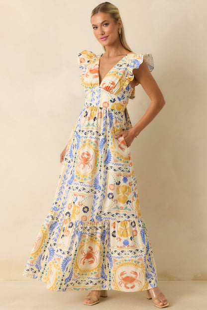 Prosperina Marjorie Multi Coastal Print V-Neck Maxi Dress