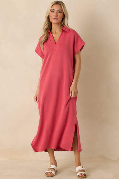 Made The Right Call Coral Pink Collared Midi T-Shirt Dress