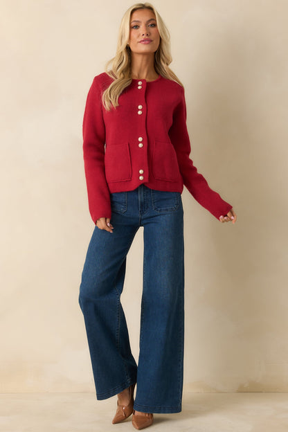 A Certain Something Red Knit Pearl Accent Button Up Cardigan