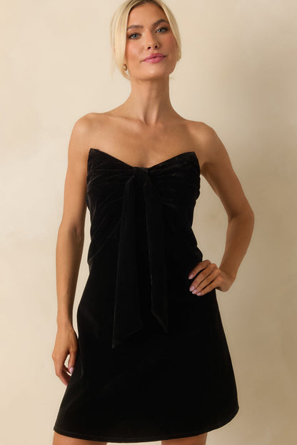 Tie It Together Black Velvet Draped Tie Panel Strapless Mini Dress