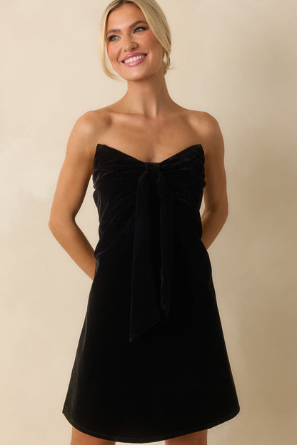 Tie It Together Black Velvet Draped Tie Panel Strapless Mini Dress