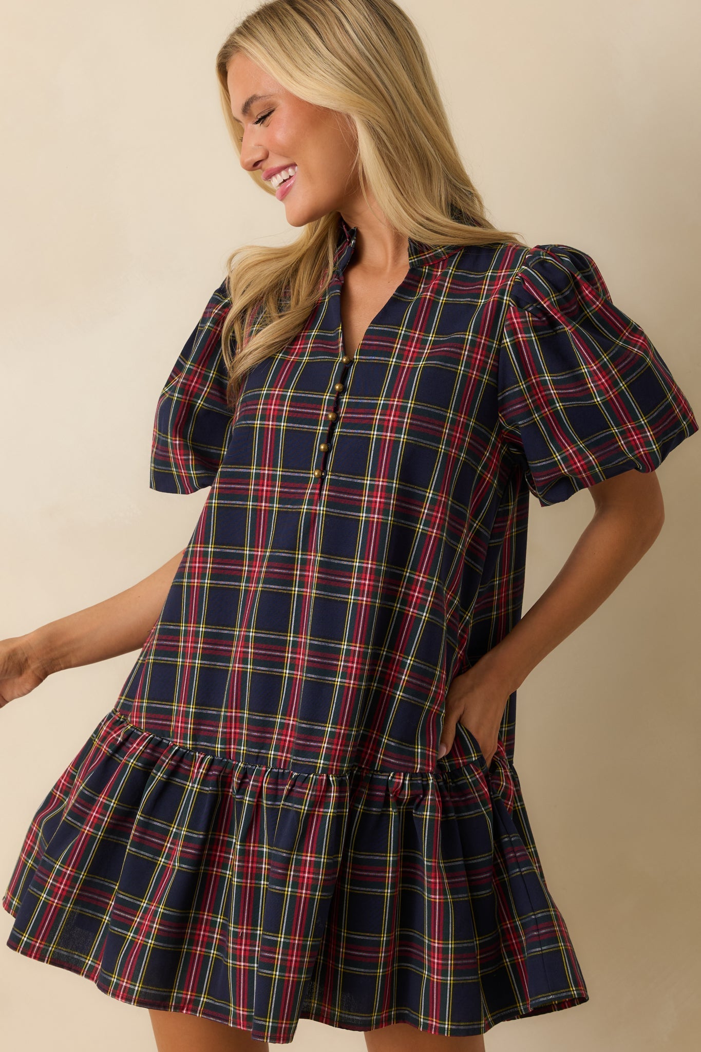 Wrapped in Cheer Navy Plaid Mini Dress