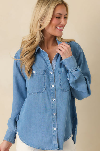 Laid Back Luxe Medium Wash Denim Button-Up Shirt