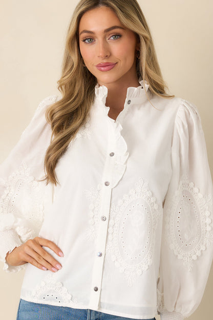 I Will Be Here White Eyelet Appliqué Detail Cotton Long Sleeve Blouse