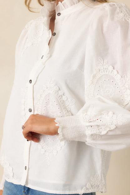 I Will Be Here White Eyelet Appliqué Detail Cotton Long Sleeve Blouse