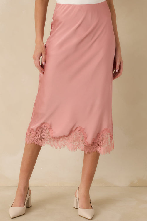 Just Call Me Later Blush Pink Satin Lace Trim Midi Skirt