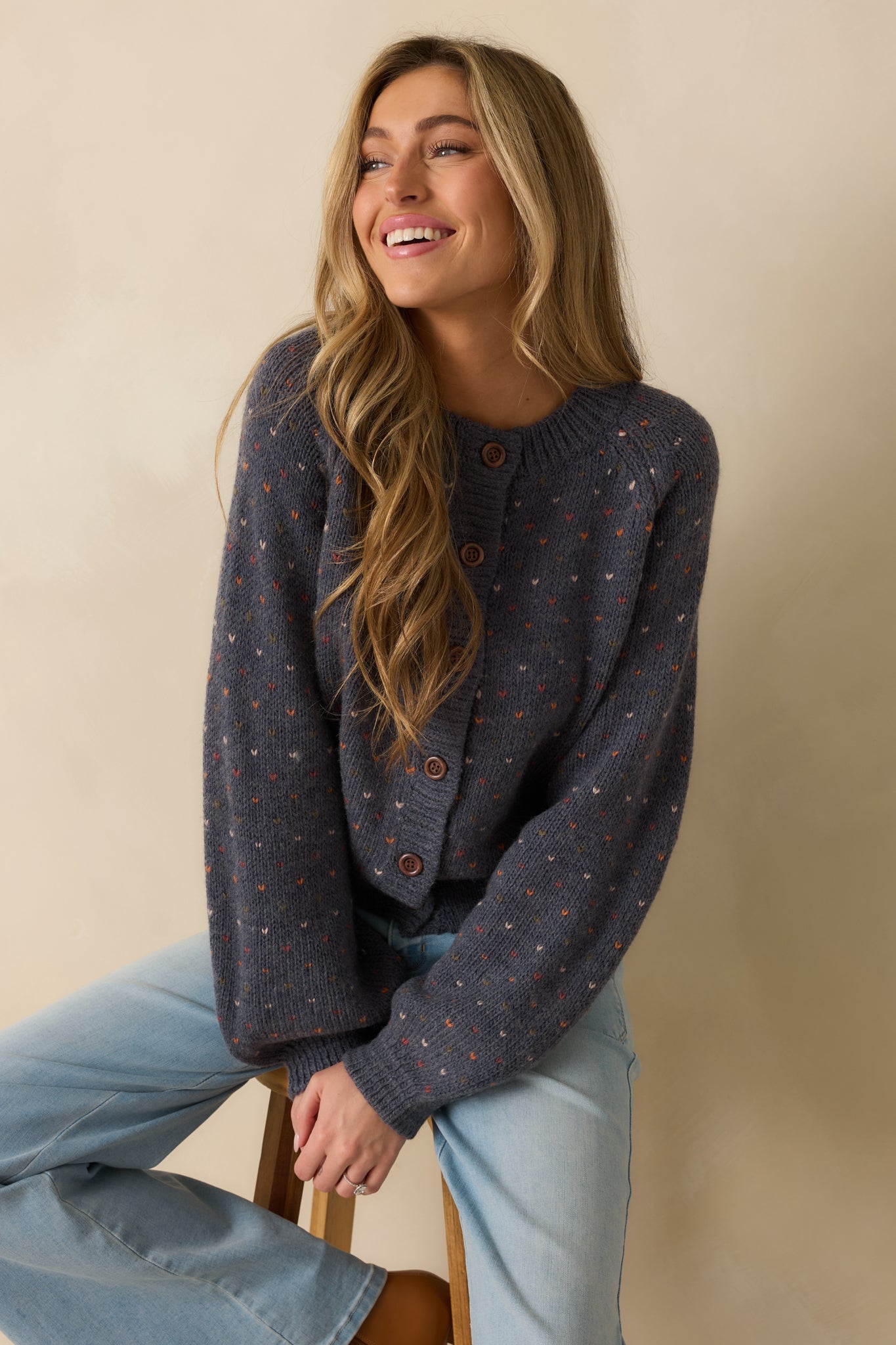 Sweet On You Navy Heather Knit Heart Button Up Cardigan Sweater