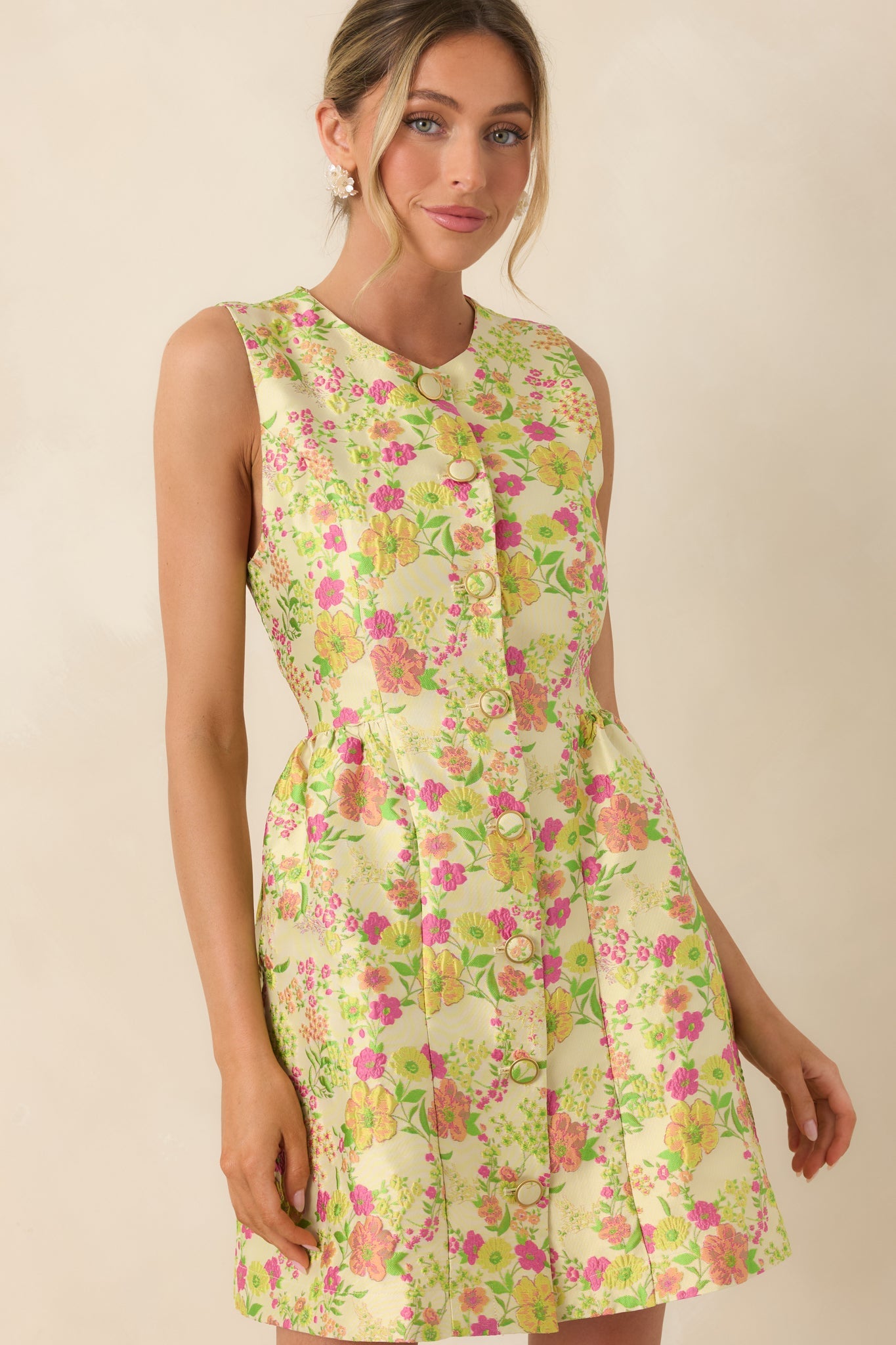 Fresh Picked Feelings Yellow Multi Floral Button Front Sleeveless Mini Dress