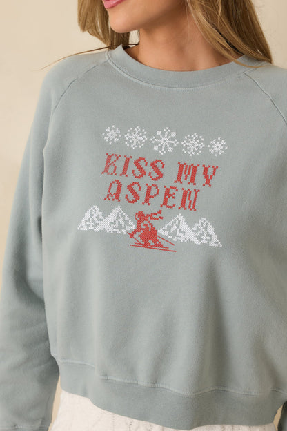 Kiss My Aspen Slate Blue Crewneck Ski Sweatshirt