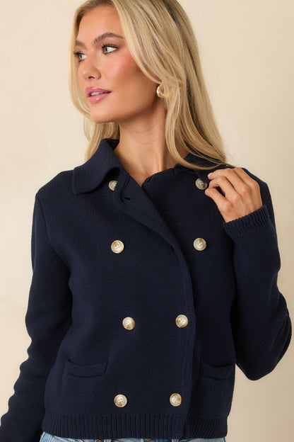 Well Kept Secrets Navy Knit Cotton Double Breasted Cardigan