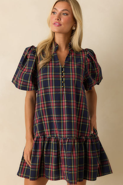 Wrapped in Cheer Navy Plaid Mini Dress