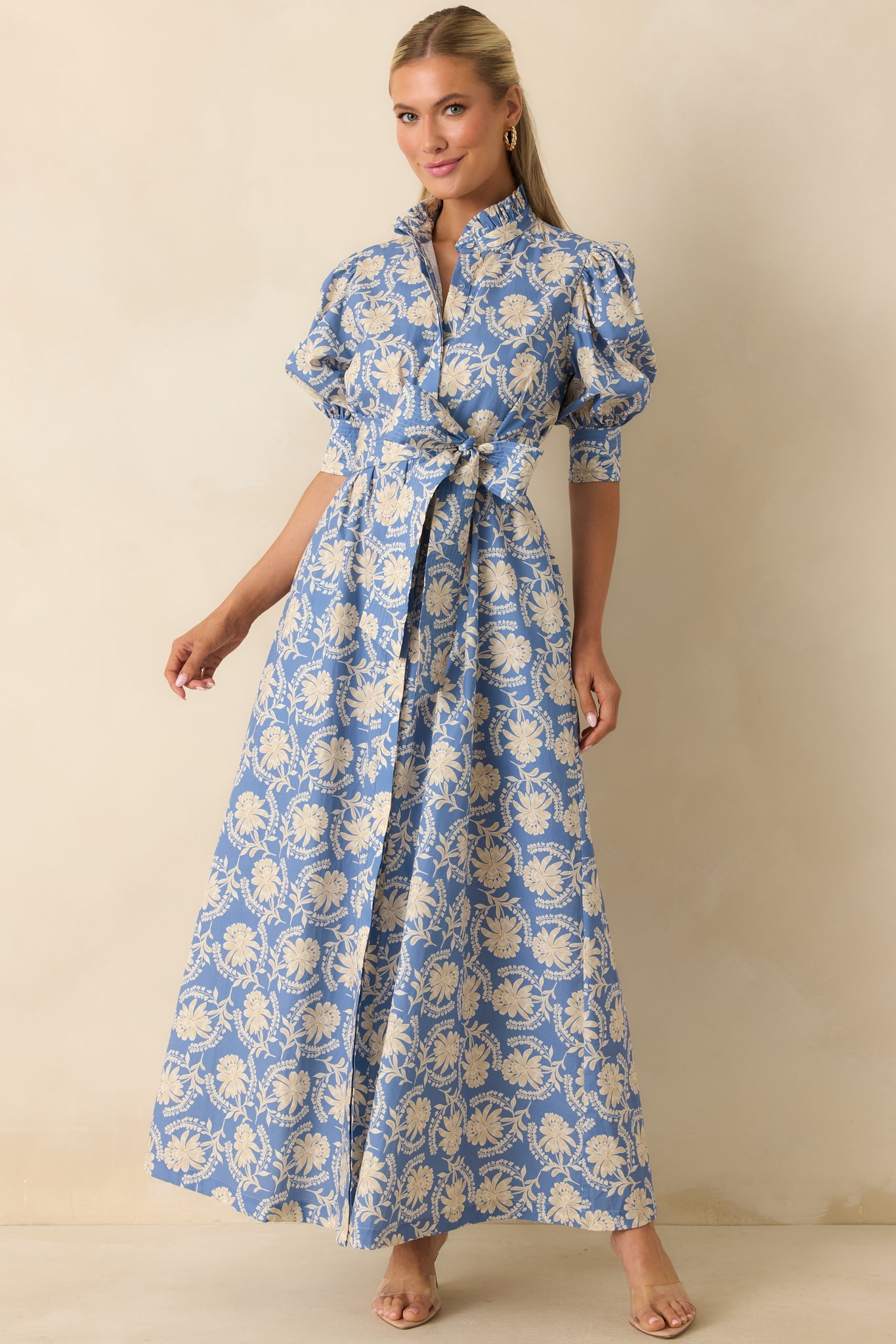 Prosperina Marianne Dusty Blue Floral Cotton Maxi Dress