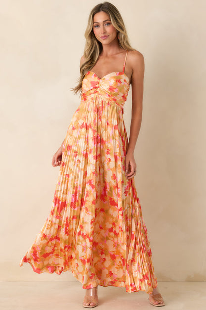 Painted in Sunshine Peach & Red Multi Satin Finish Pleated Maxi Dress