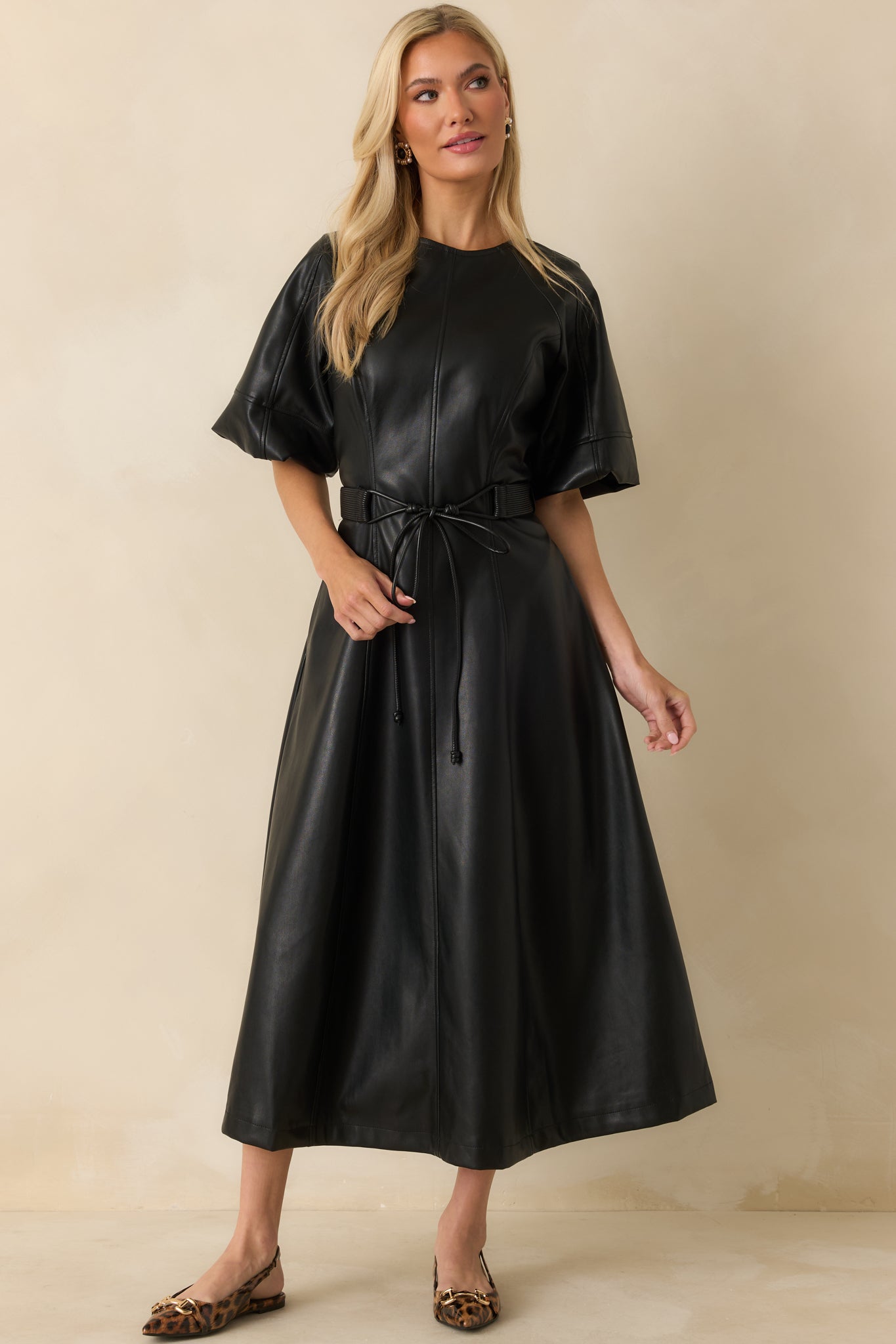 Something to Behold Black Faux Leather Short Sleeve Belted Midi Dress