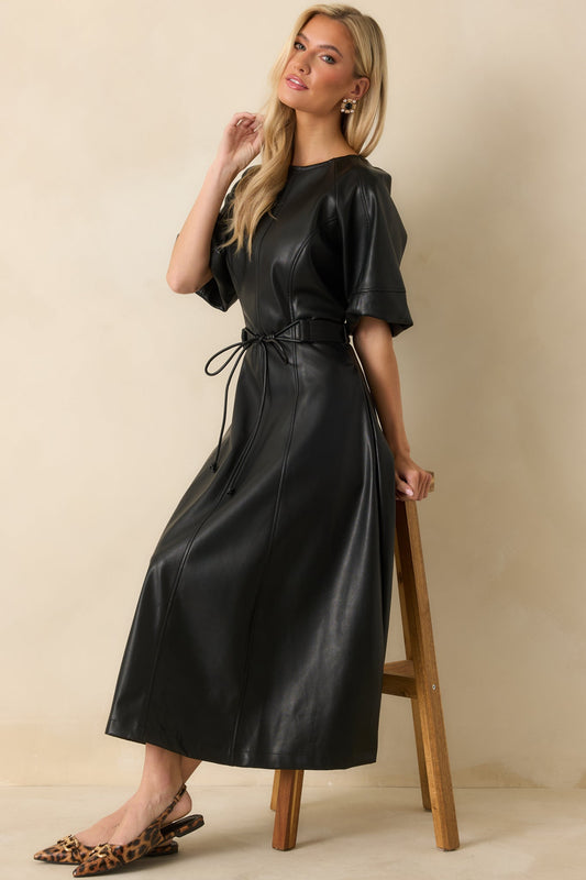Something to Behold Black Faux Leather Short Sleeve Belted Midi Dress