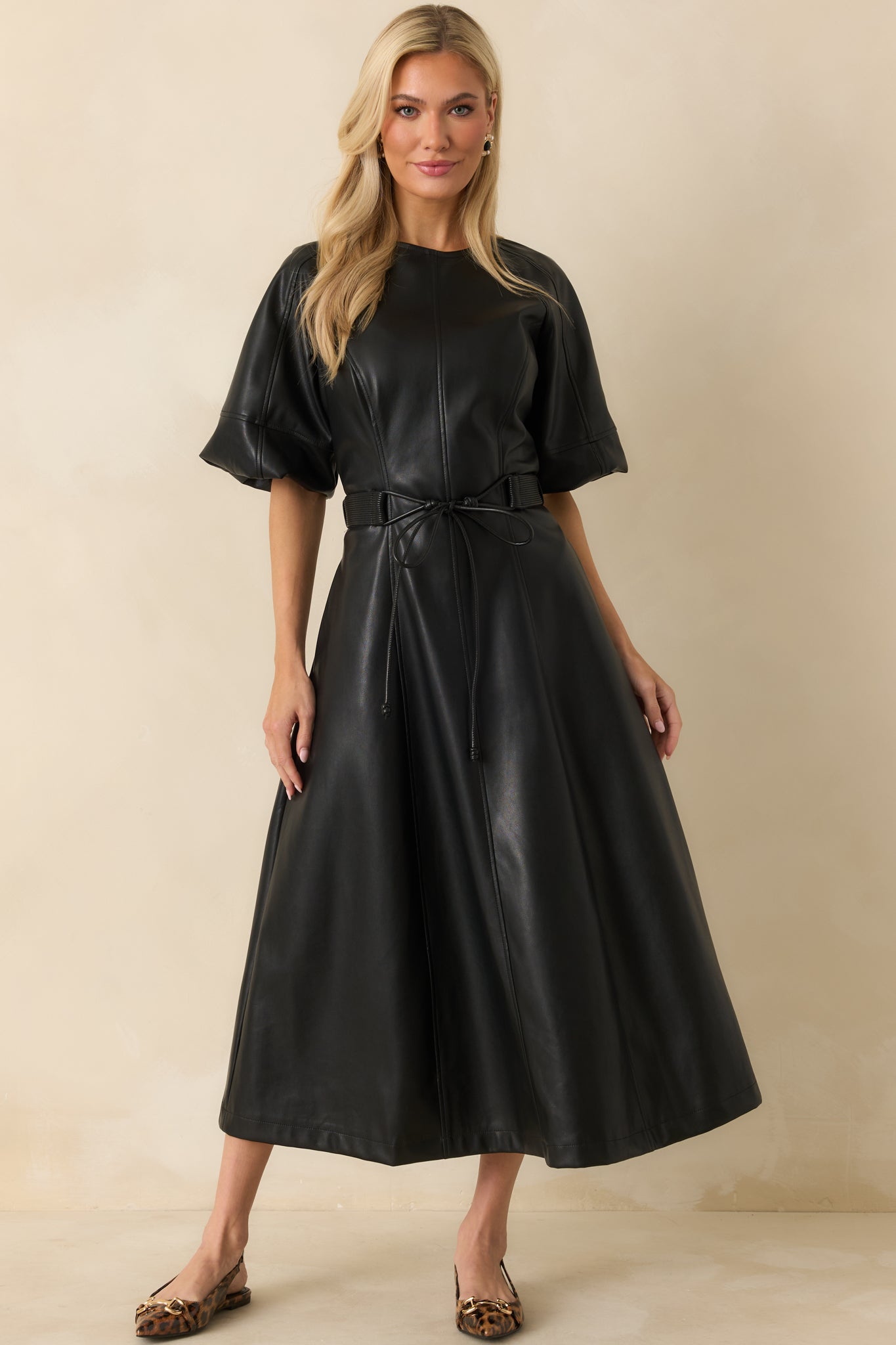 Something to Behold Black Faux Leather Short Sleeve Belted Midi Dress