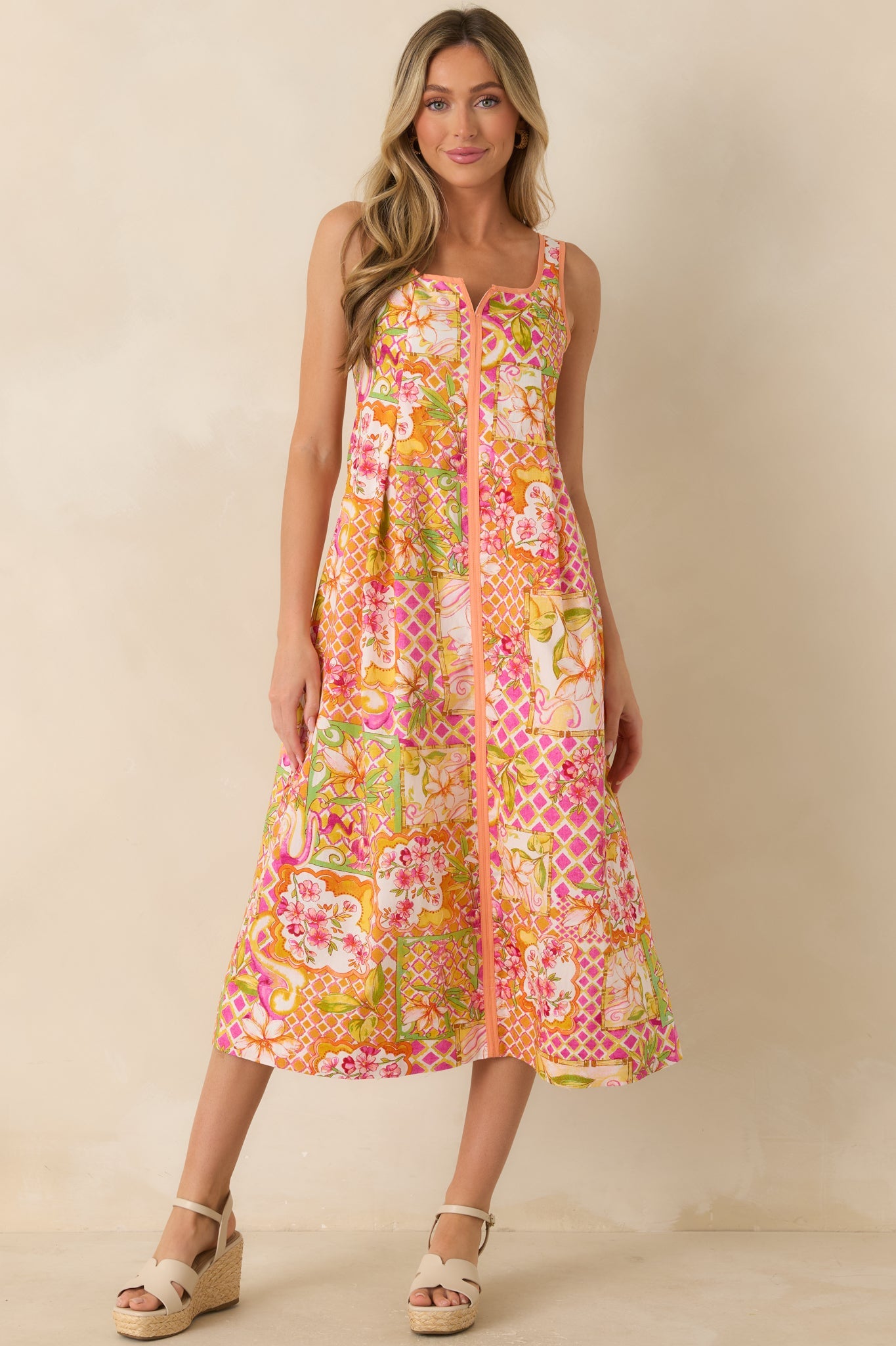 Resort Romance Pink Multi Cotton Floral Print Midi Dress