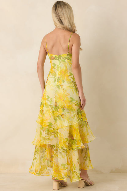 ASTR The Label Alison Yellow Floral Tiered Drop-Waist Maxi Dress
