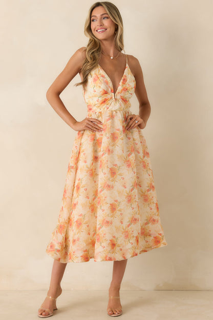 ASTR The Label Janna Orange Floral Midi Dress