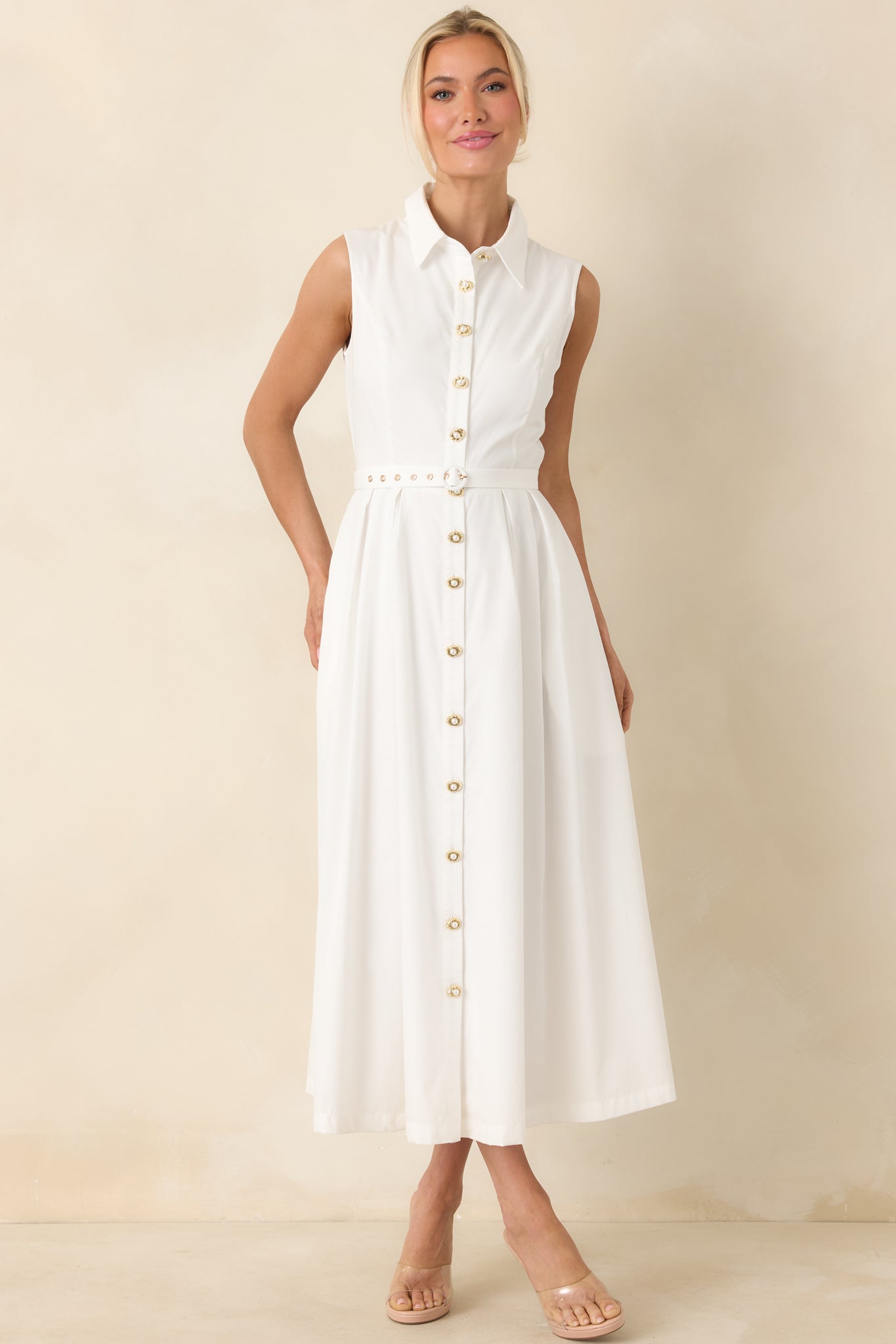 What Can I Say White Cotton Sleeveless Button Front Belted Maxi Dress