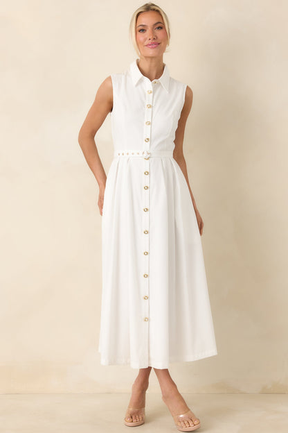 What Can I Say White Cotton Sleeveless Button Front Belted Maxi Dress