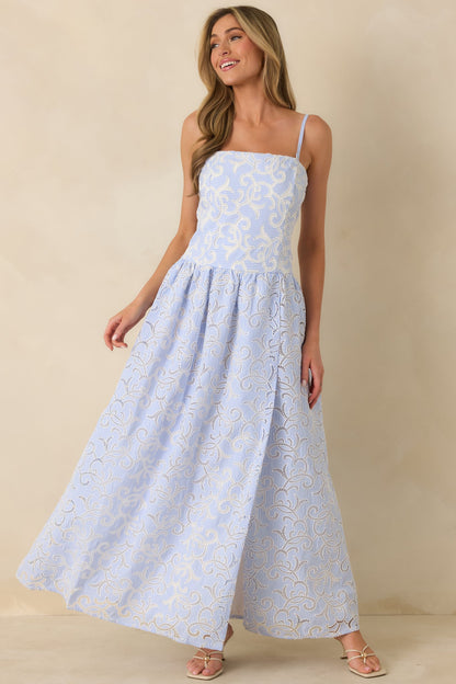 The Space Between Blue Stripe Embroidered Eyelet Maxi Dress