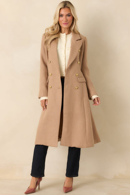 Get to It Camel Textured Woven Tailored Double-Breasted Topcoat