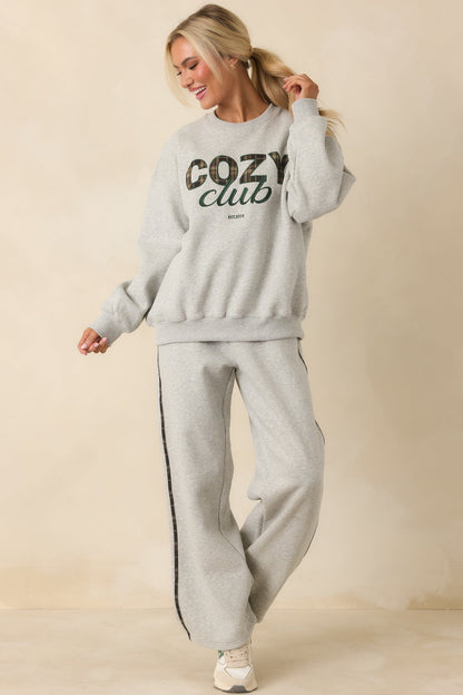 Cozy Club Heather Grey Plaid Stripe Sweatpants