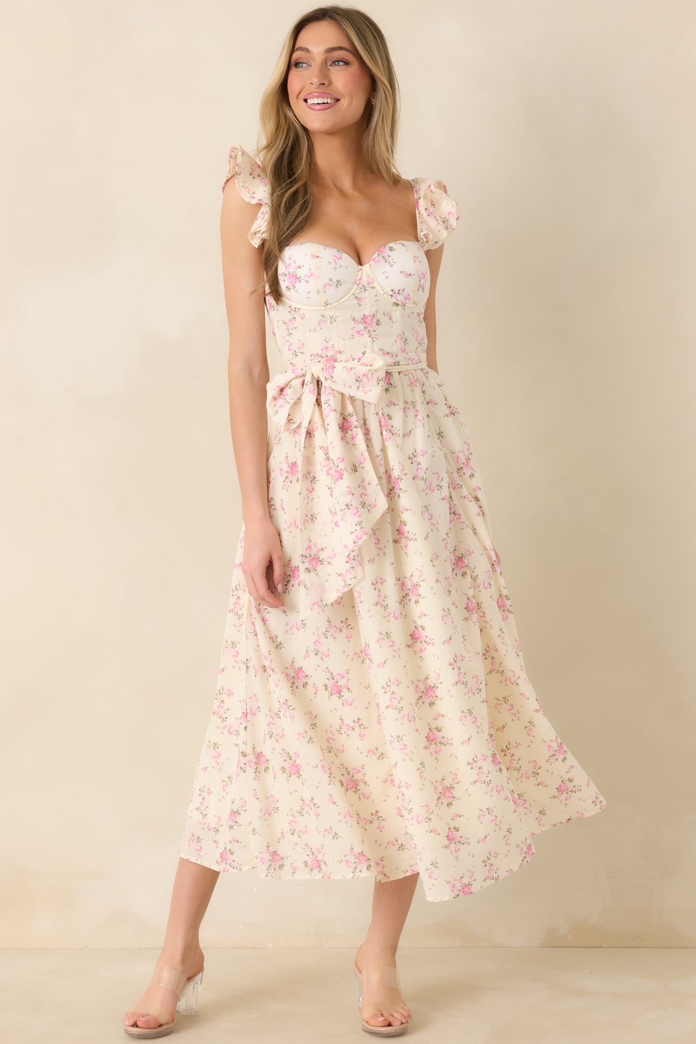 Gabrielle Light Pink Floral Cotton Bustier Midi Dress