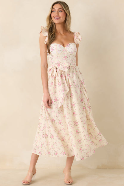 Gabrielle Light Pink Floral Cotton Bustier Midi Dress