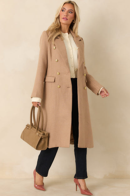 Get to It Camel Textured Woven Tailored Double-Breasted Topcoat