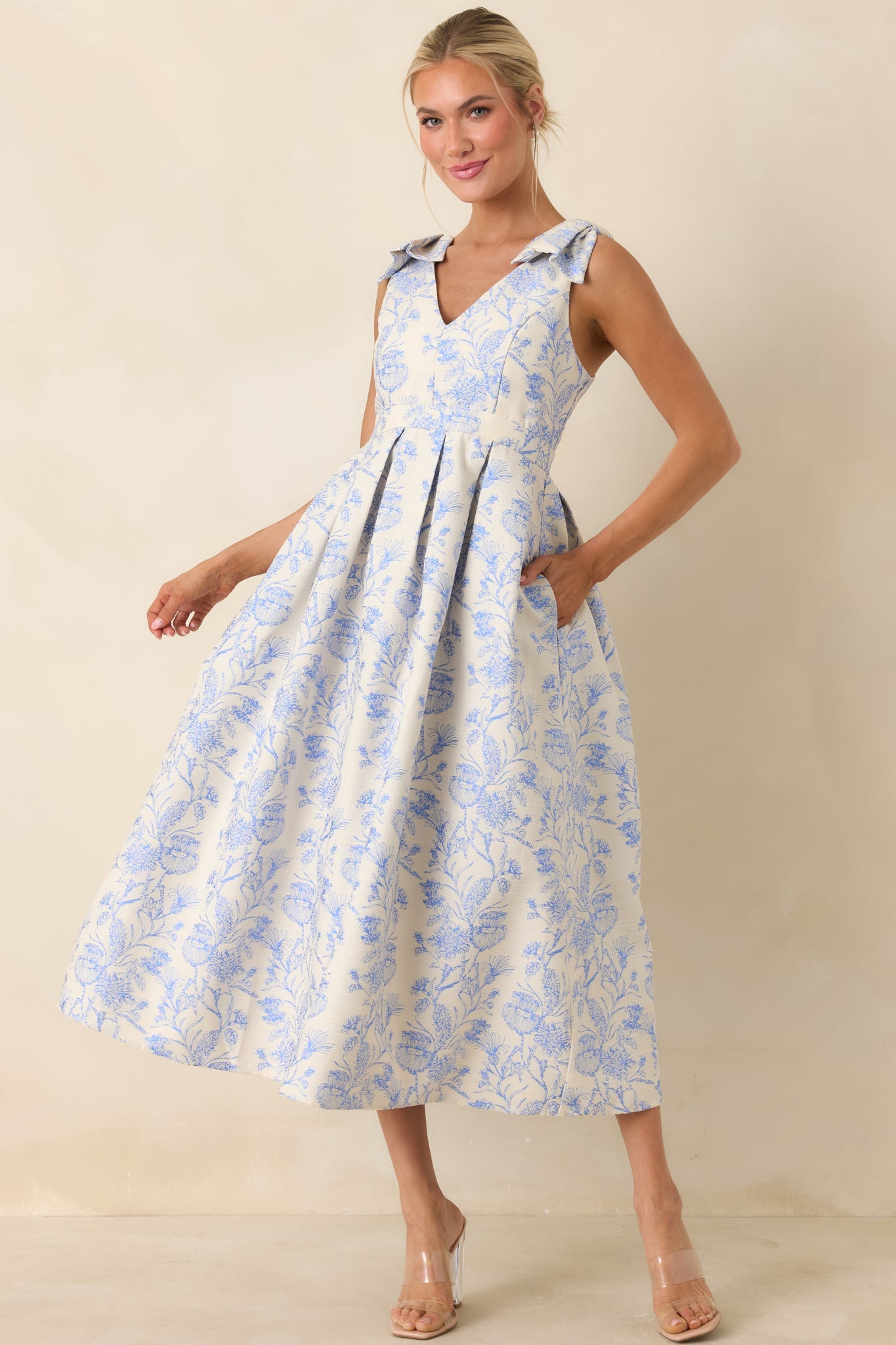 Tie It Up Pretty Blue Floral Bow Strap Midi Dress