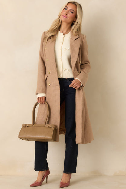 Get to It Camel Textured Woven Tailored Double-Breasted Topcoat