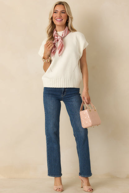 Easy to Adore Ivory Knit Short Sleeve Mock Neck Sweater