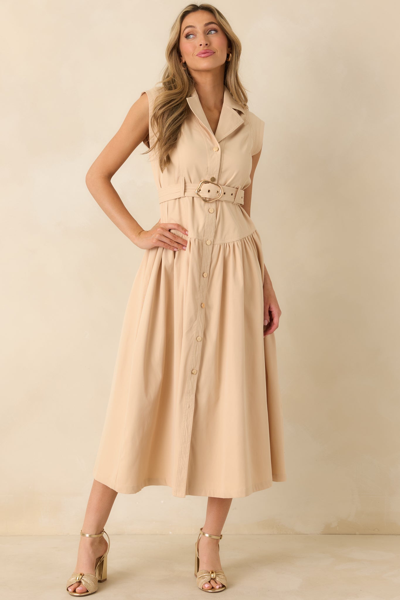 Just Right Moments Beige Sleeveless Belted Maxi Shirt Dress