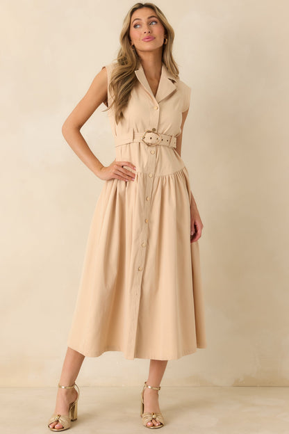 Just Right Moments Beige Sleeveless Belted Maxi Shirt Dress