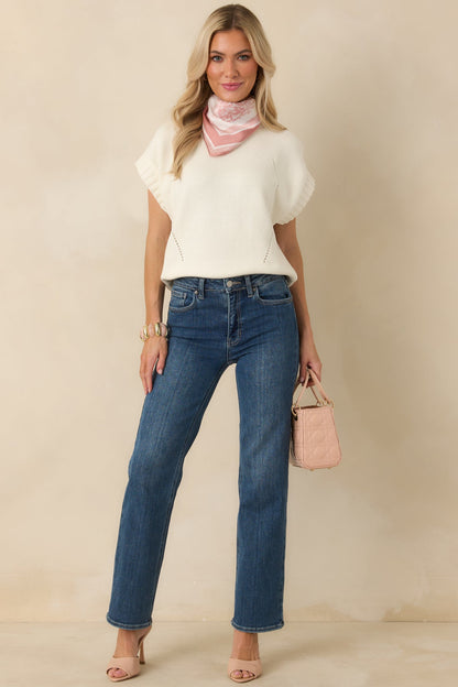 Easy to Adore Ivory Knit Short Sleeve Mock Neck Sweater